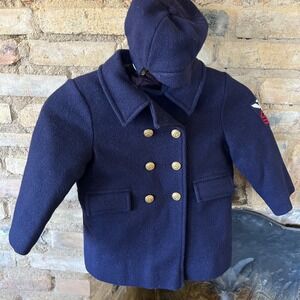 VTG Fieldston Clothes Boys Wool Pea Coat Hat Sailor Navy Insulated Quilted 4 4T